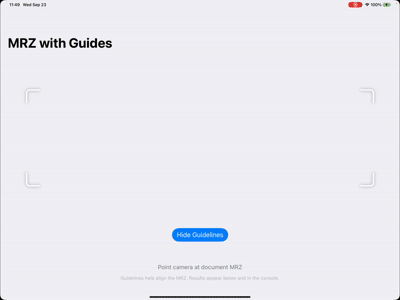 MRZ with Guides app showing the camera preview with alignment guides and the toggle button